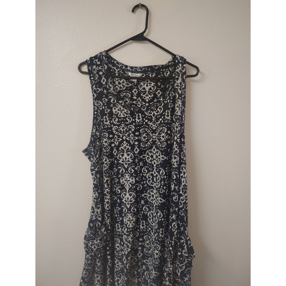 Kathryn Navy Blue White Damask Print Sleeveless Tank Top Plus Size 2X Pockets